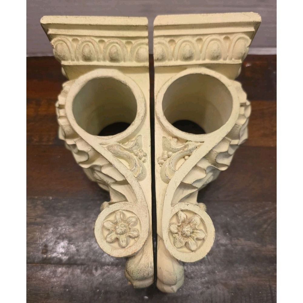 Vintage Ornate Curtain Rod Brackets Pair Ivory Gold Drapery Corbel Holders 8"